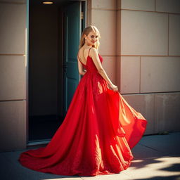 A stunning woman in a vibrant red wedding dress, elegantly designed with intricate lace and flowing fabric, standing gracefully outside a public toilet