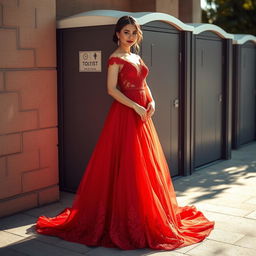 A stunning woman in a vibrant red wedding dress, elegantly designed with intricate lace and flowing fabric, standing gracefully outside a public toilet