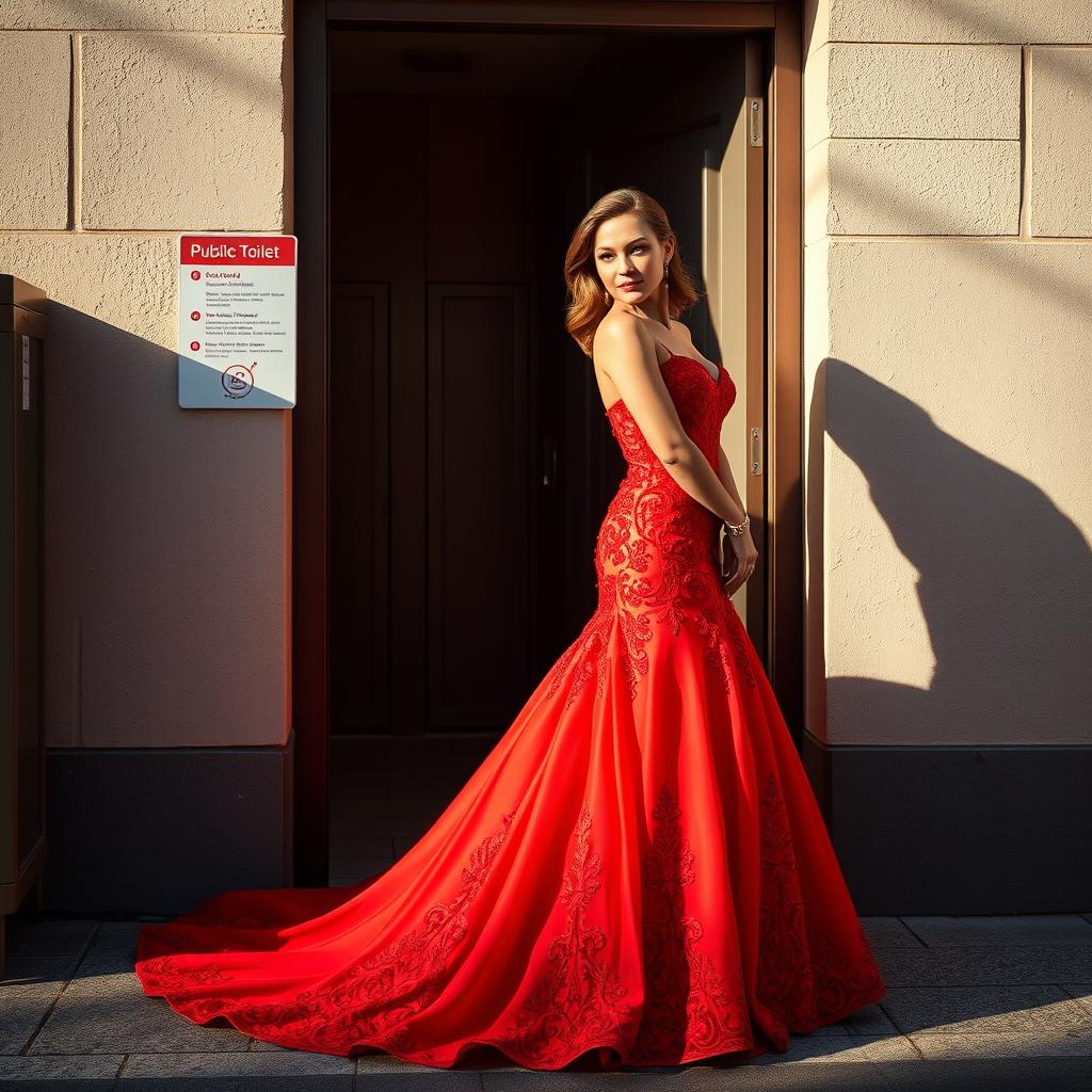 A stunning woman in a vibrant red wedding dress, elegantly designed with intricate lace and flowing fabric, standing gracefully outside a public toilet