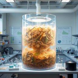 A biodigester prominently displayed in a modern laboratory environment