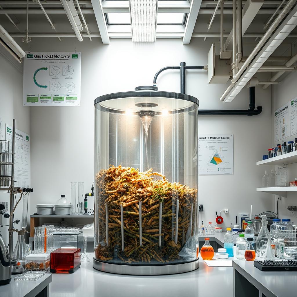A biodigester prominently displayed in a modern laboratory environment