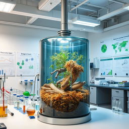 A biodigester prominently displayed in a modern laboratory environment