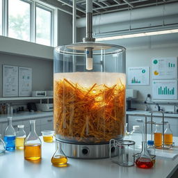 A biodigester prominently displayed in a modern laboratory environment