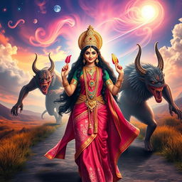 A stunning 3D image featuring the beautiful Devi Kaushiki being followed by the two demons Chand and Mund