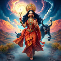 A stunning 3D image featuring the beautiful Devi Kaushiki being followed by the two demons Chand and Mund