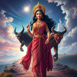 A stunning 3D image featuring the beautiful Devi Kaushiki being followed by the two demons Chand and Mund