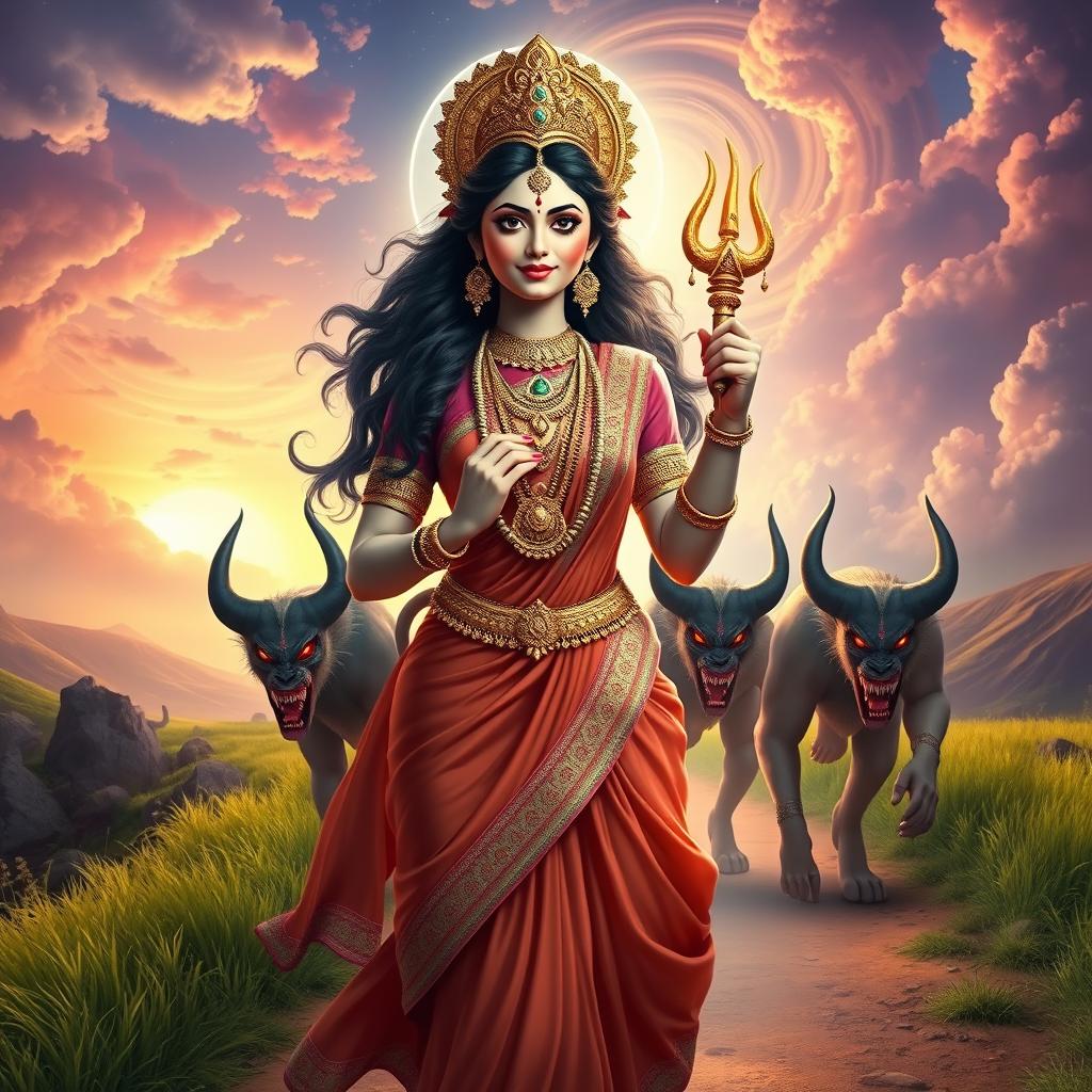 A stunning 3D image featuring the beautiful Devi Kaushiki being followed by the two demons Chand and Mund