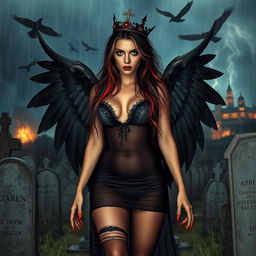 A striking, attractive young woman with very long black, red, and silver hair, featuring a sweet, soft face enhanced with dark gothic makeup, walks through a graveyard at night during a thunderstorm