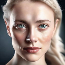 A high-quality digital art image depicts a pale-skinned European woman with captivating light eyes