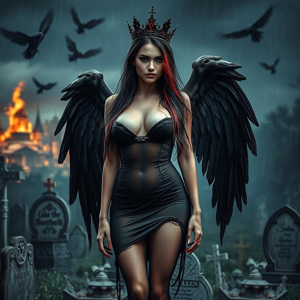 A striking, attractive young woman with very long black, red, and silver hair, featuring a sweet, soft face enhanced with dark gothic makeup, walks through a graveyard at night during a thunderstorm