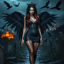A striking, attractive young woman with very long black, red, and silver hair, featuring a sweet, soft face enhanced with dark gothic makeup, walks through a graveyard at night during a thunderstorm
