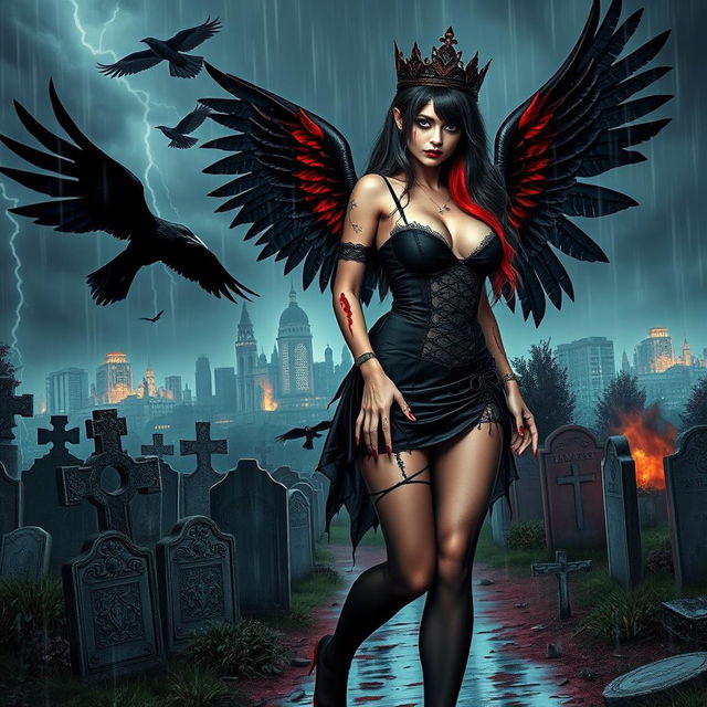 A striking, attractive young woman with very long black, red, and silver hair, featuring a sweet, soft face enhanced with dark gothic makeup, walks through a graveyard at night during a thunderstorm