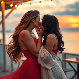 A beautiful scene depicting an intimate moment between two women sharing a passionate kiss