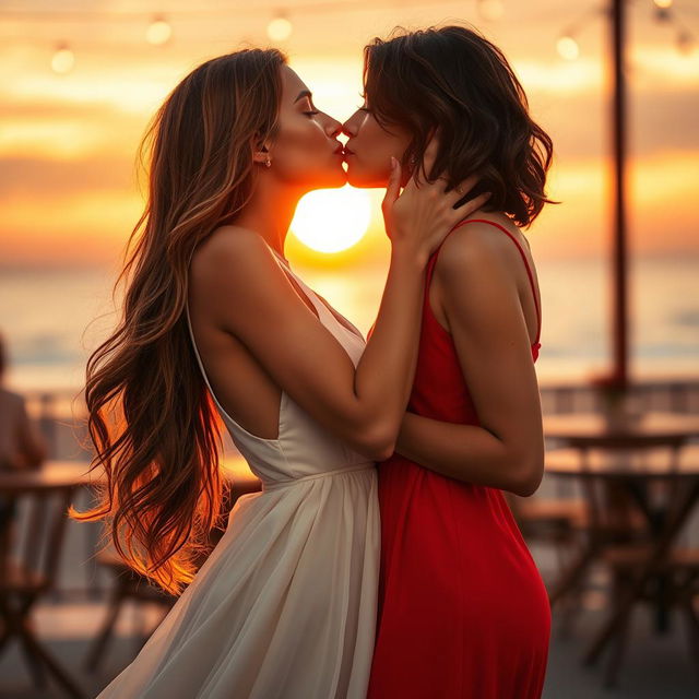 A beautiful scene depicting an intimate moment between two women sharing a passionate kiss