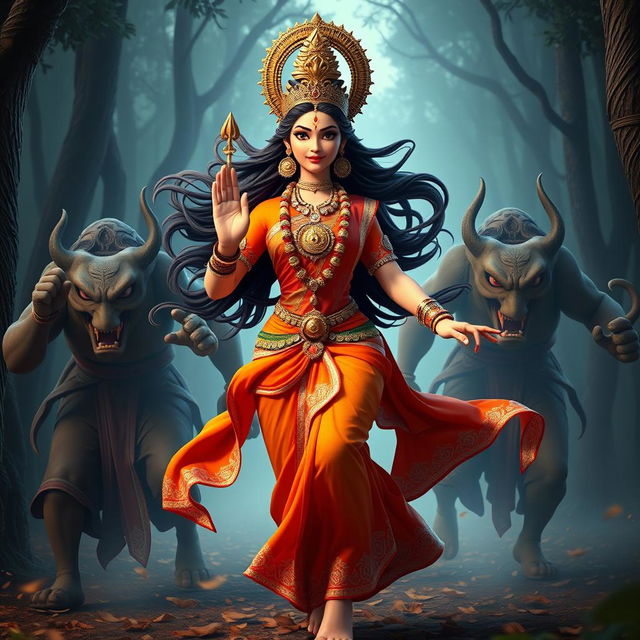 A visually striking 3D image featuring the beautiful Devi Kaushiki, being pursued by the two Rakshasas, Chand and Mund