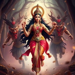 A visually striking 3D image featuring the beautiful Devi Kaushiki, being pursued by the two Rakshasas, Chand and Mund