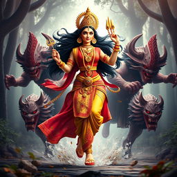 A visually striking 3D image featuring the beautiful Devi Kaushiki, being pursued by the two Rakshasas, Chand and Mund