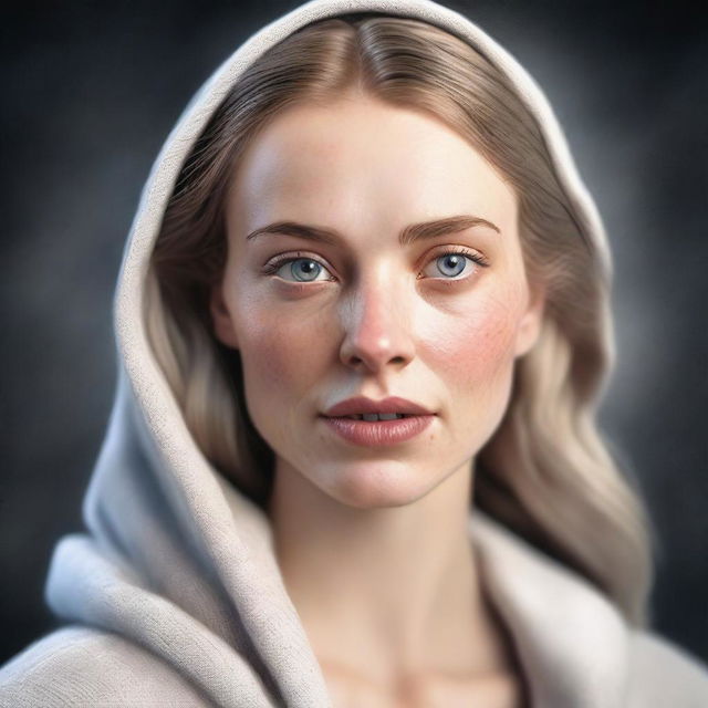 A high-quality digital art image depicts a pale-skinned European woman with captivating light eyes