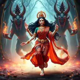 A visually striking 3D image featuring the beautiful Devi Kaushiki, being pursued by the two Rakshasas, Chand and Mund