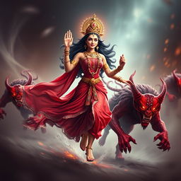 A captivating 3D image showcasing the beautiful Devi Kaushiki, pursued by the two rakshasas, Chand and Mund, who are depicted in striking shades of red
