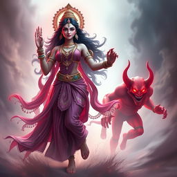 A captivating 3D image showcasing the beautiful Devi Kaushiki, pursued by the two rakshasas, Chand and Mund, who are depicted in striking shades of red