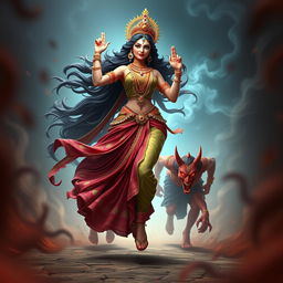 A captivating 3D image showcasing the beautiful Devi Kaushiki, pursued by the two rakshasas, Chand and Mund, who are depicted in striking shades of red