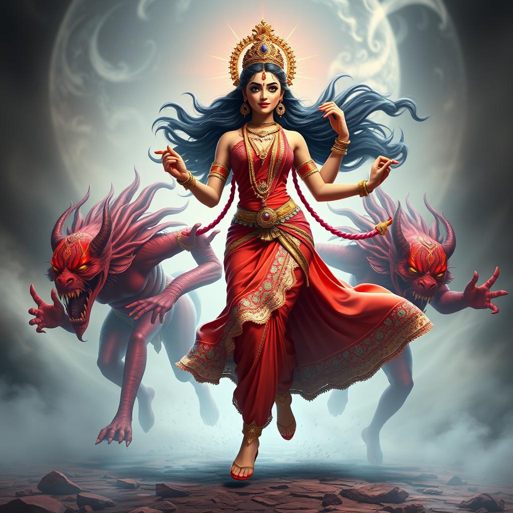 A captivating 3D image showcasing the beautiful Devi Kaushiki, pursued by the two rakshasas, Chand and Mund, who are depicted in striking shades of red