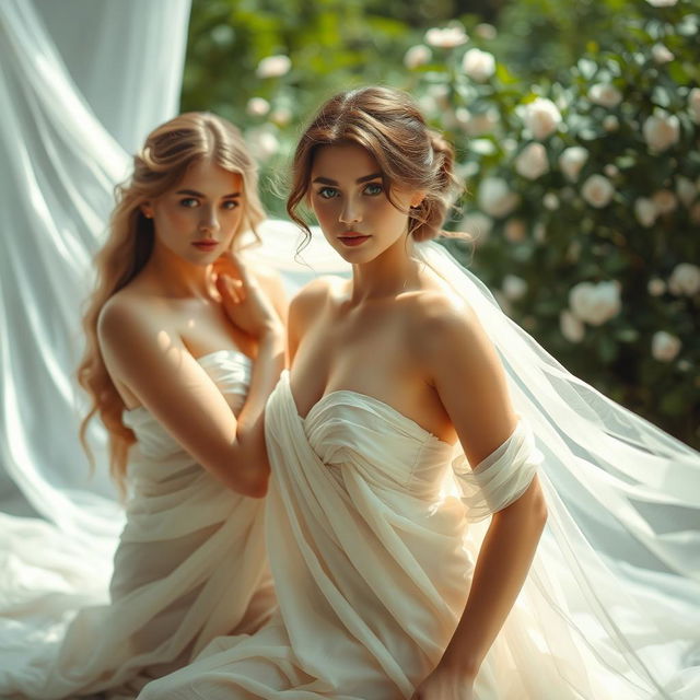 Beautiful, artistic representation of women in an ethereal setting, focusing on elegance and grace