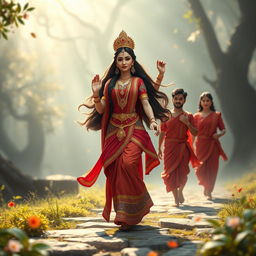 A captivating 3D image featuring two figures in vibrant red who are following the beautiful Devi Kaushiki