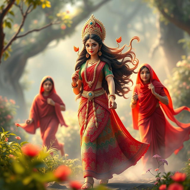 A captivating 3D image featuring two figures in vibrant red who are following the beautiful Devi Kaushiki