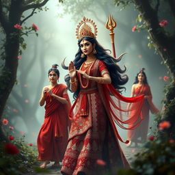 A captivating 3D image featuring two figures in vibrant red who are following the beautiful Devi Kaushiki