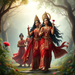 A captivating 3D image featuring two figures in vibrant red who are following the beautiful Devi Kaushiki