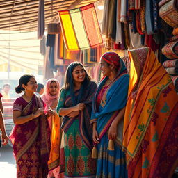 A vibrant art scene capturing diverse women showcasing colorful fabrics in a lively marketplace