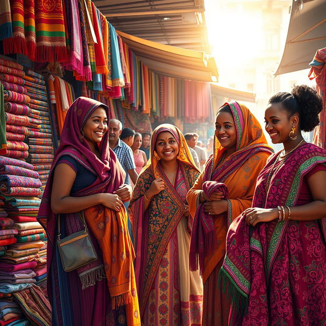 A vibrant art scene capturing diverse women showcasing colorful fabrics in a lively marketplace