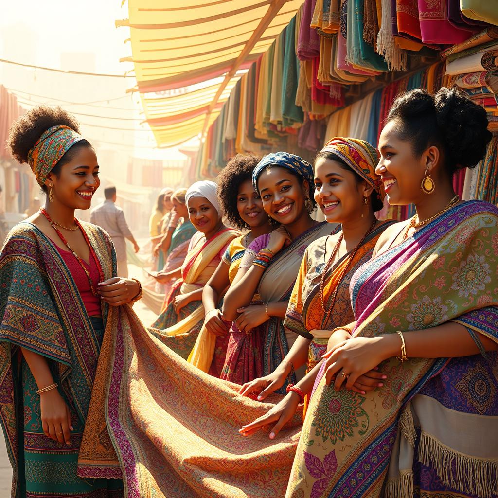 A vibrant art scene capturing diverse women showcasing colorful fabrics in a lively marketplace