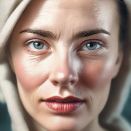 A high-quality digital art image depicts a pale-skinned European woman with captivating light eyes