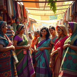 A vibrant art scene capturing diverse women showcasing colorful fabrics in a lively marketplace
