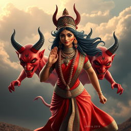 A dramatic 3D image showcasing two devil figures with human-like faces, painted in vibrant red, following the stunning Devi Kaushiki