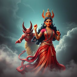 A dramatic 3D image showcasing two devil figures with human-like faces, painted in vibrant red, following the stunning Devi Kaushiki