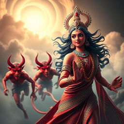 A dramatic 3D image showcasing two devil figures with human-like faces, painted in vibrant red, following the stunning Devi Kaushiki