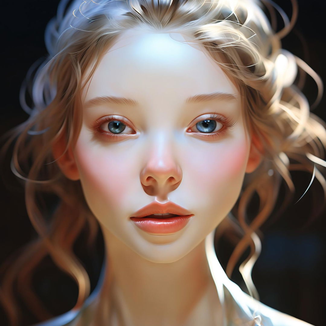 A high-definition digital art image of a pale-skinned European woman with light-colored eyes, rendered with meticulous attention to detail