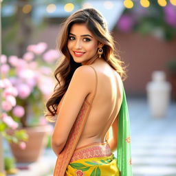 A beautiful desi girl elegantly wearing a sleeveless, backless saree that showcases her navel