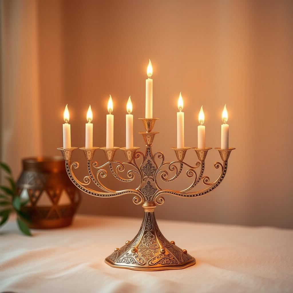 A beautifully designed menorah, intricately crafted with detailed patterns and a shimmering finish