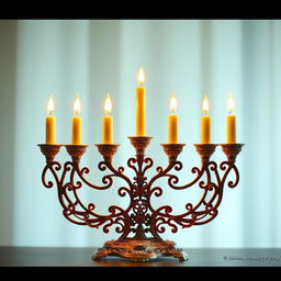 A beautifully designed menorah, intricately crafted with detailed patterns and a shimmering finish