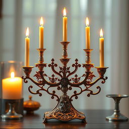 A beautifully designed menorah, intricately crafted with detailed patterns and a shimmering finish