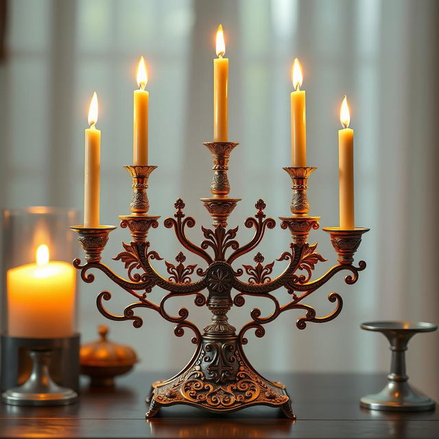 A beautifully designed menorah, intricately crafted with detailed patterns and a shimmering finish