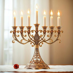 A beautifully designed menorah, intricately crafted with detailed patterns and a shimmering finish