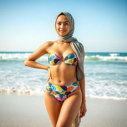 A fashionable young woman wearing a stylish bikini along with a chic hijab, standing confidently on a beautiful beach