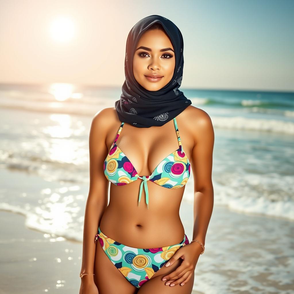 A fashionable young woman wearing a stylish bikini along with a chic hijab, standing confidently on a beautiful beach