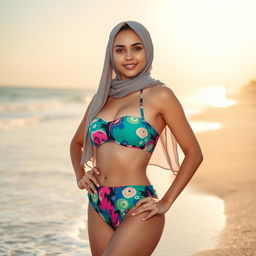 A fashionable young woman wearing a stylish bikini along with a chic hijab, standing confidently on a beautiful beach